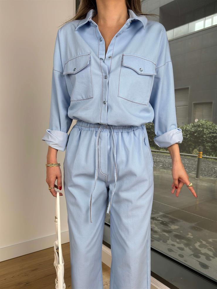 Beli Lastikli Ve Bağcıklı Bol Paça Veder Mavi Kadın Pantolon 25Y073