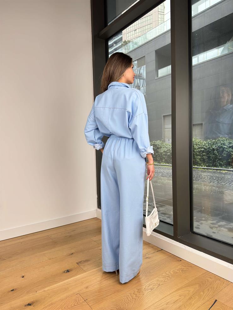 Beli Lastikli Ve Bağcıklı Bol Paça Veder Mavi Kadın Pantolon 25Y073