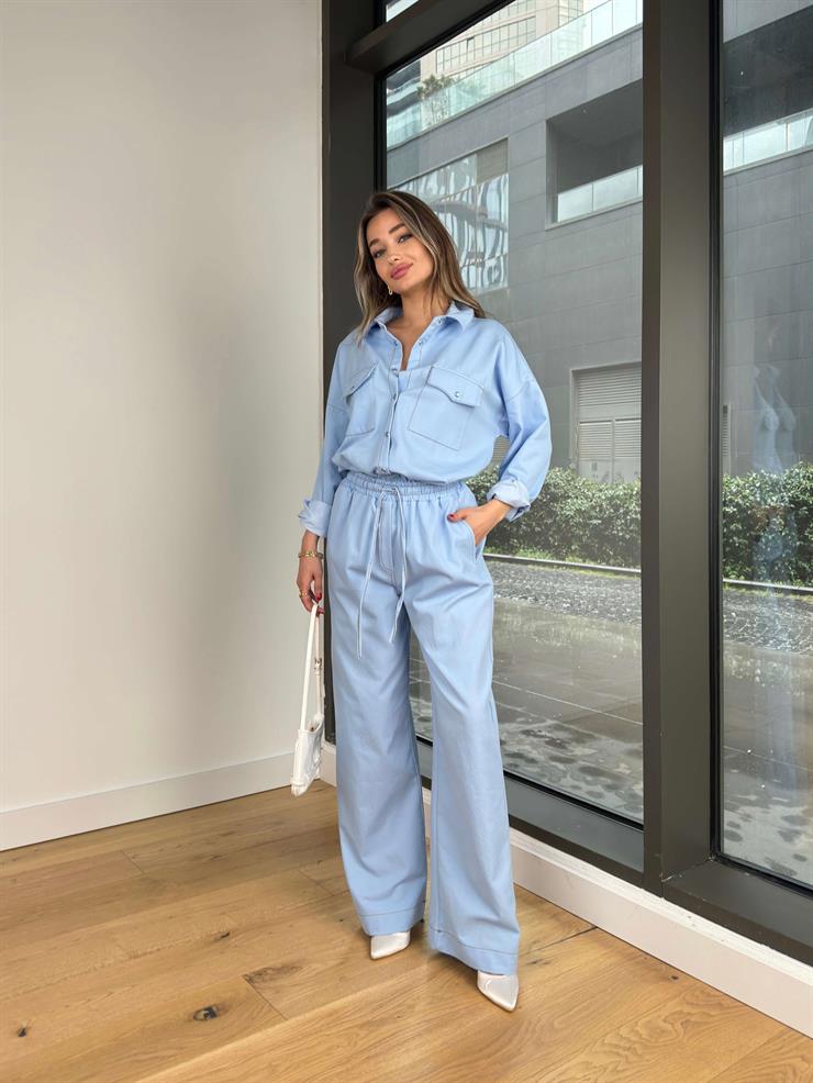 Beli Lastikli Ve Bağcıklı Bol Paça Veder Mavi Kadın Pantolon 25Y073