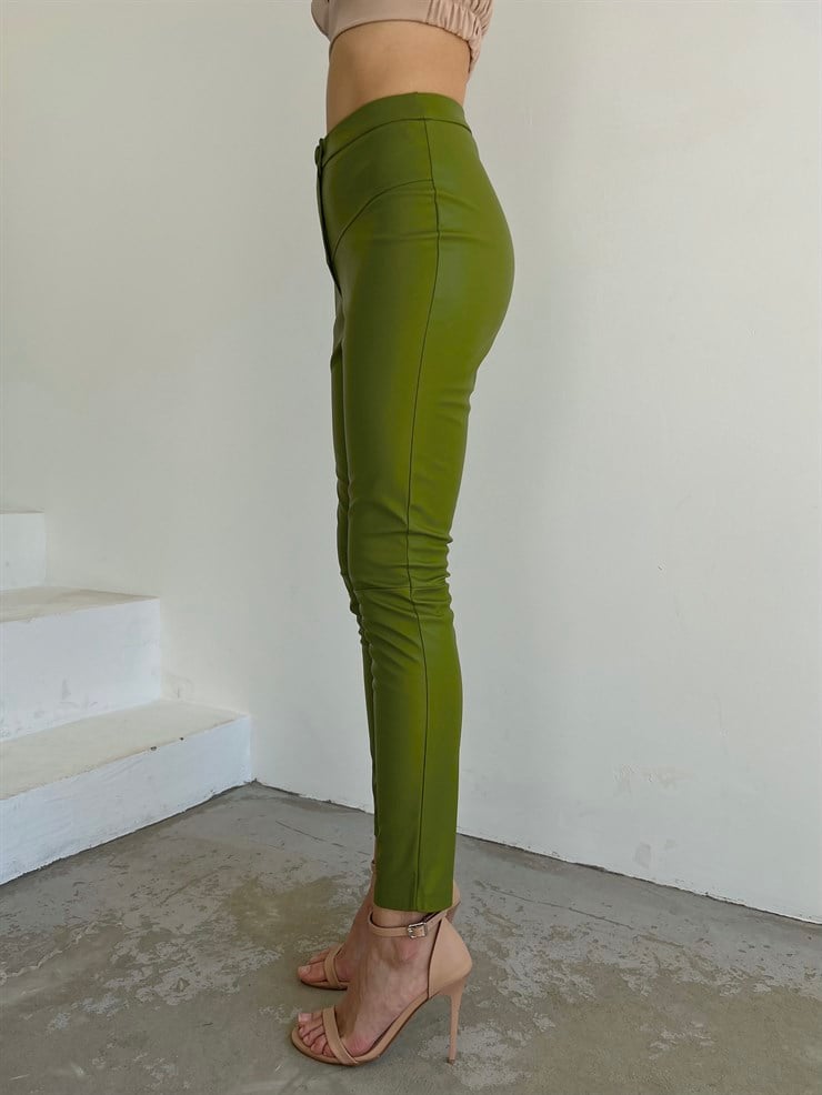 Vegan Deri Önü Düğme Kapamalı Derek Kadın Yeşil Tayt Pantolon 23K000024