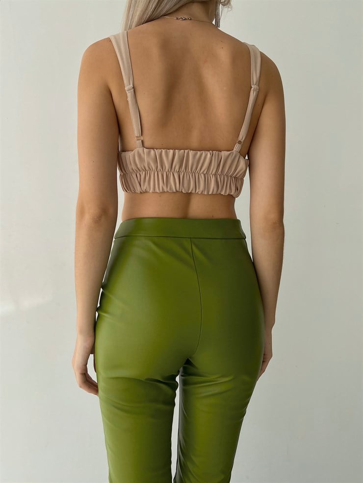 Vegan Deri Önü Düğme Kapamalı Derek Kadın Yeşil Tayt Pantolon 23K000024