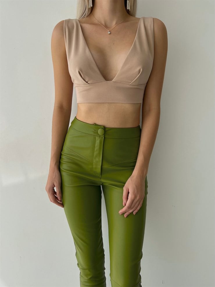 Vegan Deri Önü Düğme Kapamalı Derek Kadın Yeşil Tayt Pantolon 23K000024