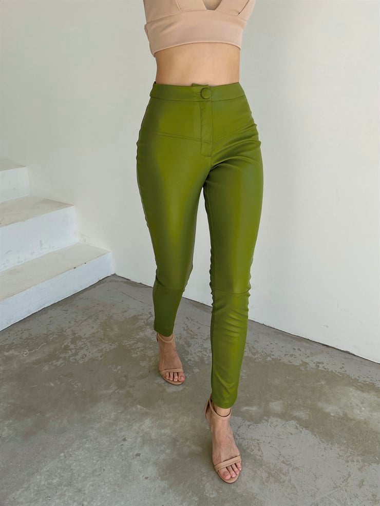 Vegan Deri Önü Düğme Kapamalı Derek Kadın Yeşil Tayt Pantolon 23K000024