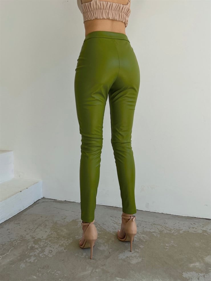 Vegan Deri Önü Düğme Kapamalı Derek Kadın Yeşil Tayt Pantolon 23K000024