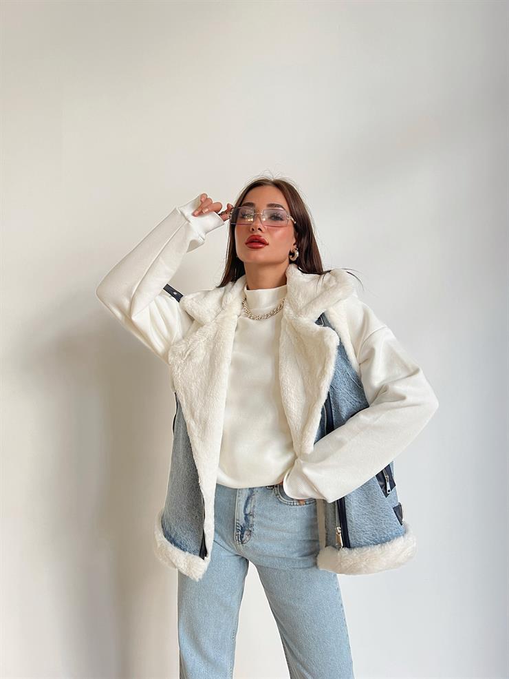 Fermuar Kapamalı İçi Yün Peluş Vegetal Kadın Mavi Yelek 24k000140