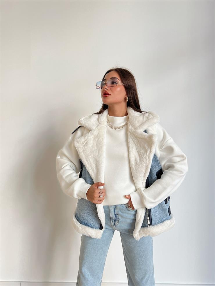 Fermuar Kapamalı İçi Yün Peluş Vegetal Kadın Mavi Yelek 24k000140