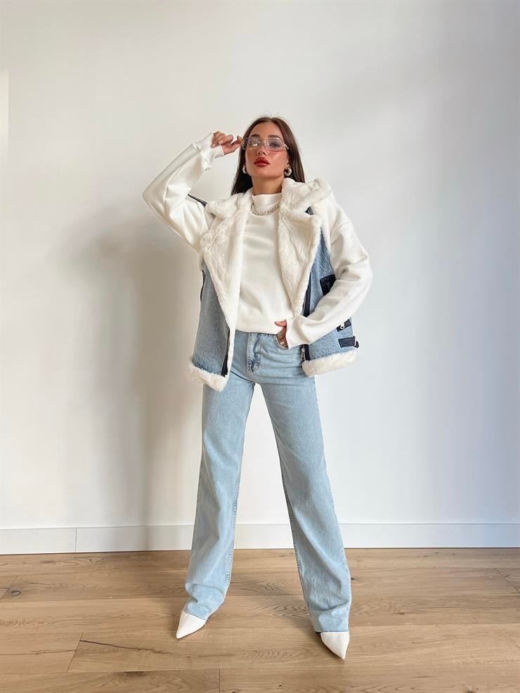 Fermuar Kapamalı İçi Yün Peluş Vegetal Kadın Mavi Yelek 24k000140