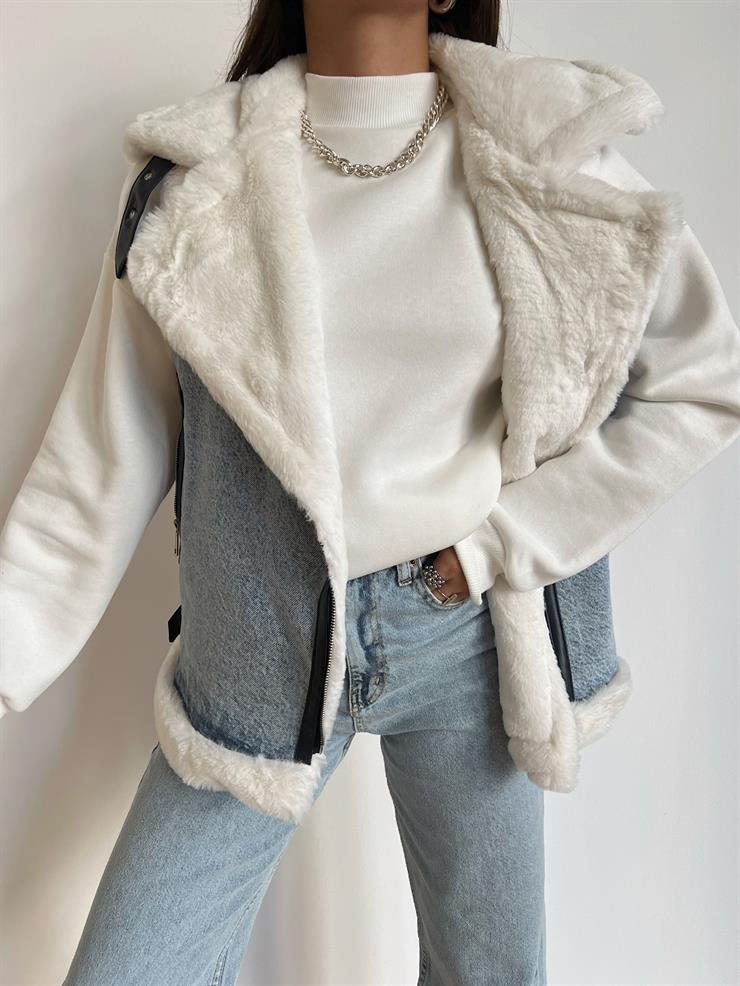 Fermuar Kapamalı İçi Yün Peluş Vegetal Kadın Mavi Yelek 24k000140