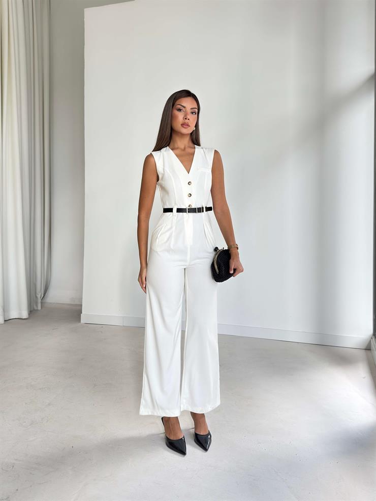V Yaka Düğme Kapamalı Beli Kemerli Pens Detaylı Bol Paça Velvıt Ekru Kadın Tulum 25Y116