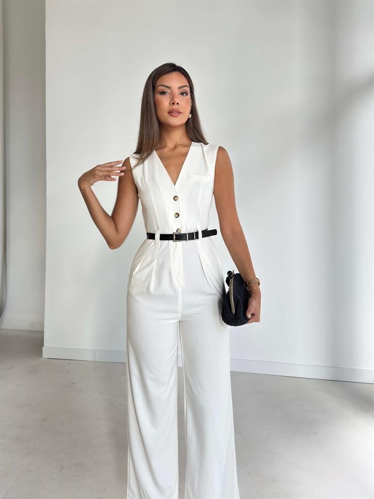 V Yaka Düğme Kapamalı Beli Kemerli Pens Detaylı Bol Paça Velvıt Ekru Kadın Tulum 25Y116