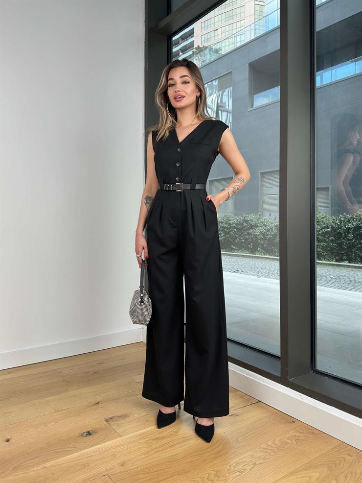 V Yaka Düğme Kapamalı Beli Kemerli Pens Detaylı Bol Paça Velvıt Siyah Kadın Tulum 25Y116