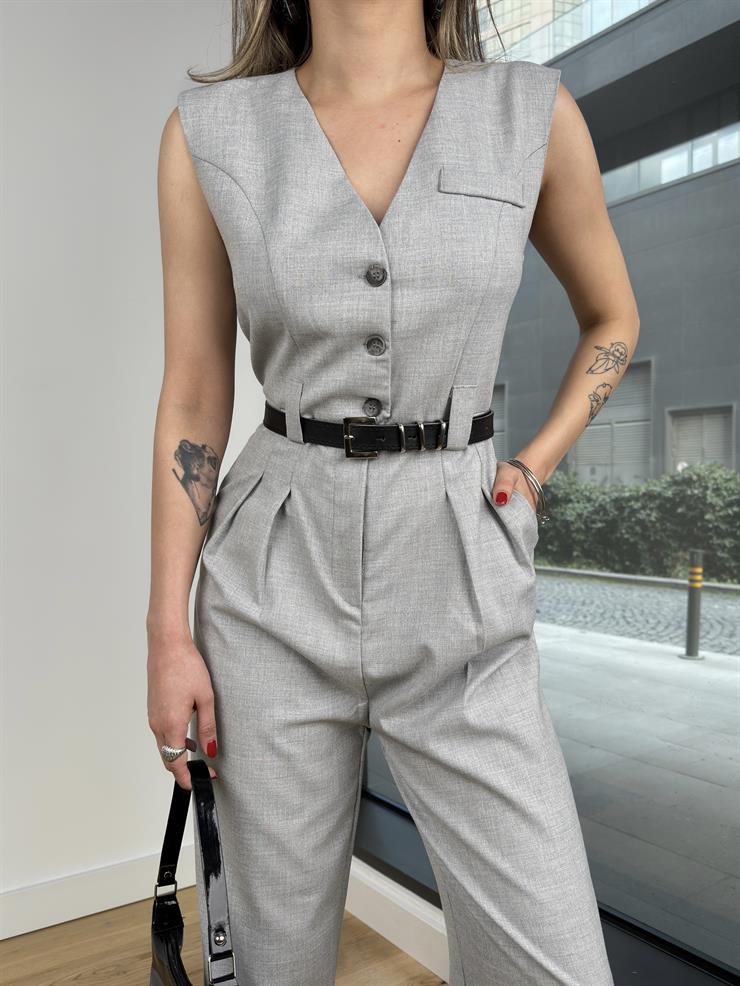 V Yaka Düğme Kapamalı Beli Kemerli Pens Detaylı Bol Paça Velvıt Gri Kadın Tulum 25Y116