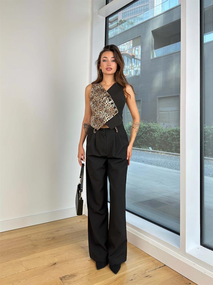 Leopar Detaylı Asimetrik Kesim Önü Düğme Kapamalı Yüksek Bel Pens Detaylı Bol Paça Vendu Kadın Siyah Takım 25K026