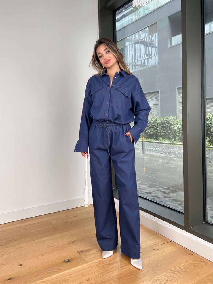 Çıt Çıt Kapamalı Büyük Cepli Vent Lacivert Kadın Gömlek 25Y072