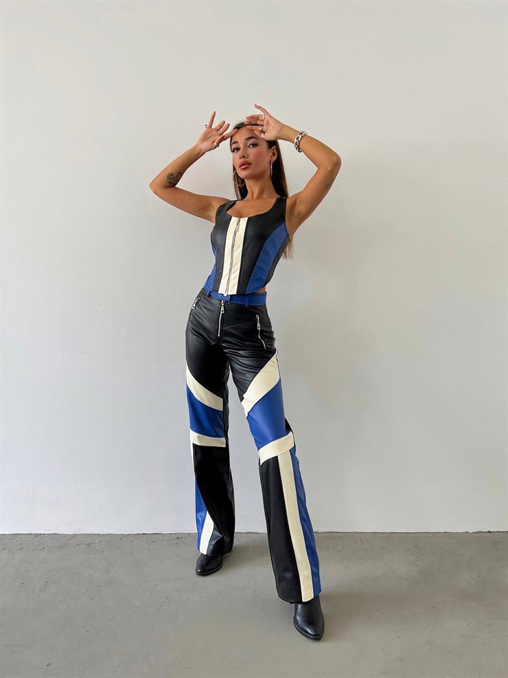 Önü Fermuar Kapamalı Crop Yüksek Bel Fermuar Detaylı Palazzo Pantolon Vera Kadın Renkli Deri Takım 24k000021