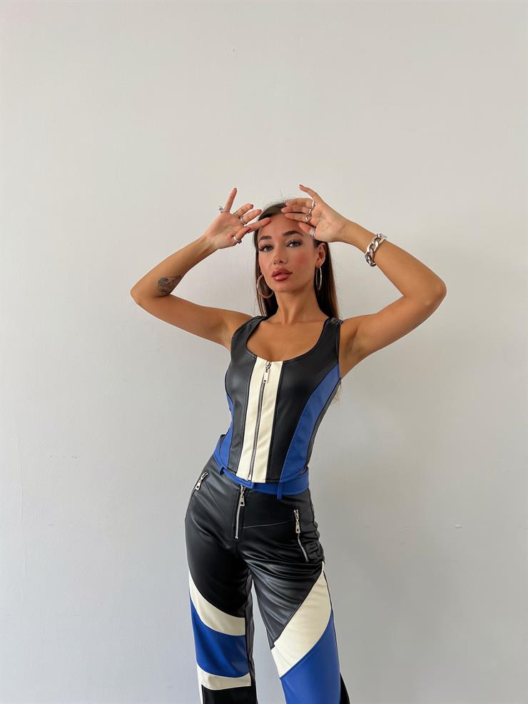 Önü Fermuar Kapamalı Crop Yüksek Bel Fermuar Detaylı Palazzo Pantolon Vera Kadın Renkli Deri Takım 24k000021