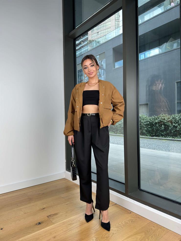 Beli Kemerli Pens Detaylı Bol Paça Vesla Siyah Kadın Pantolon 25Y031