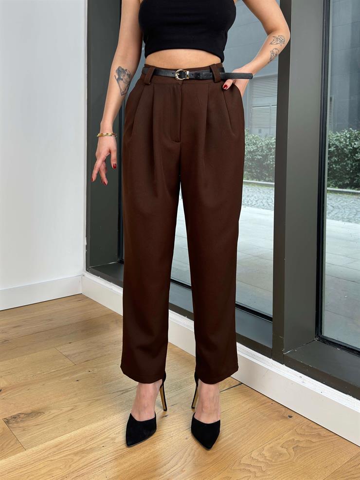 Beli Kemerli Pens Detaylı Bol Paça Vesla Kahve Kadın Pantolon 25Y031