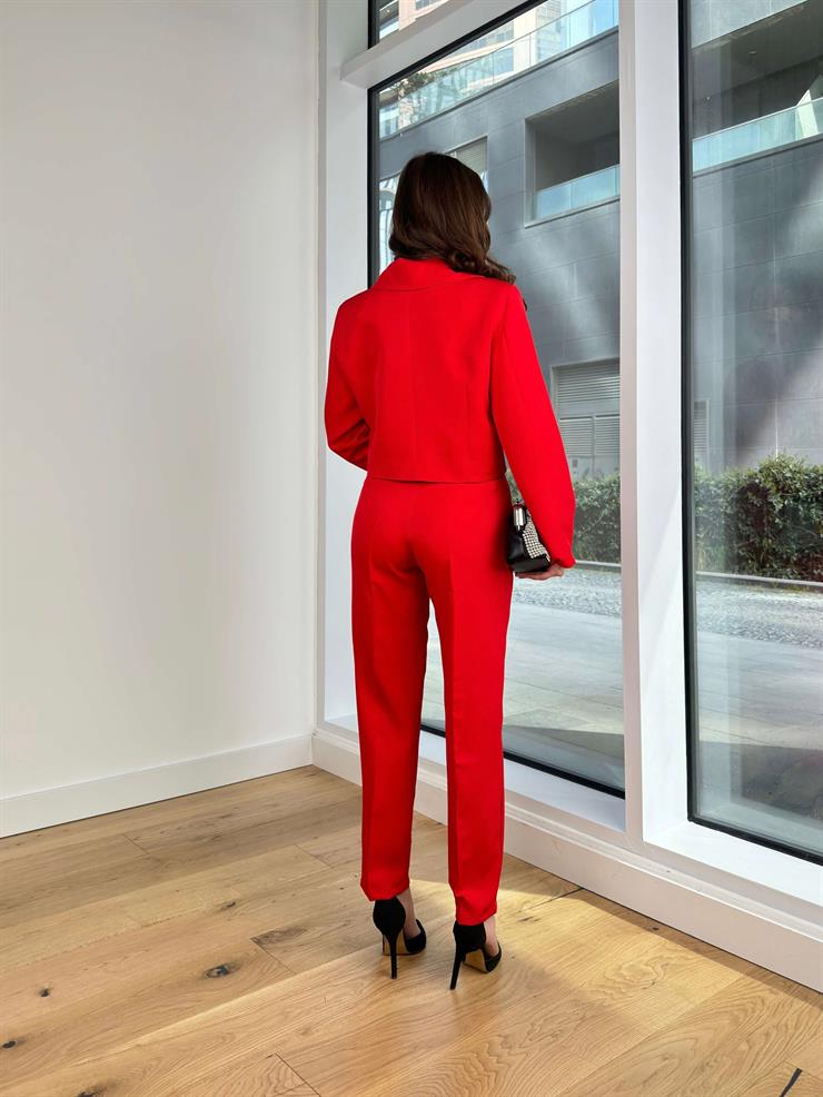 Yakalı Crop Ceket Yüksek Bel Havuç Pantolon Vesna Kadın Kırmızı Takım 24Y365