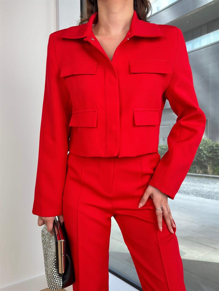 Yakalı Crop Ceket Yüksek Bel Havuç Pantolon Vesna Kadın Kırmızı Takım 24Y365
