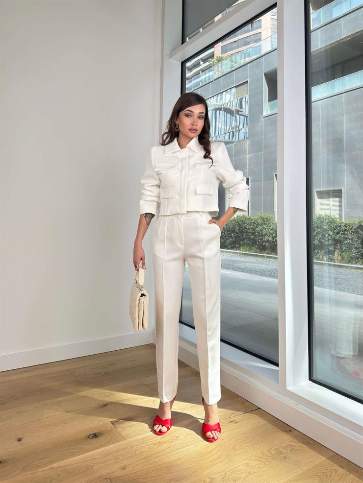 Yakalı Crop Ceket Yüksek Bel Havuç Pantolon Vesna Kadın Beyaz Takım 24Y365
