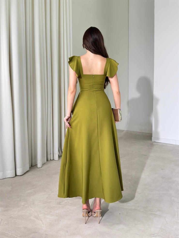 Kare Yaka Kemerli Midi Boy Olive Vesper Kadın Elbise 26Y391