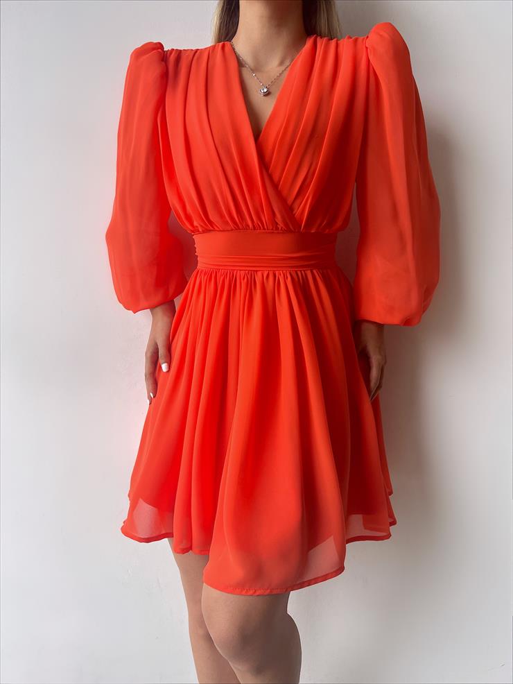 Kruvaze Yaka Belden Oturtmalı Vette Kadın Oranj Şifon Mini Elbise 23Y000075