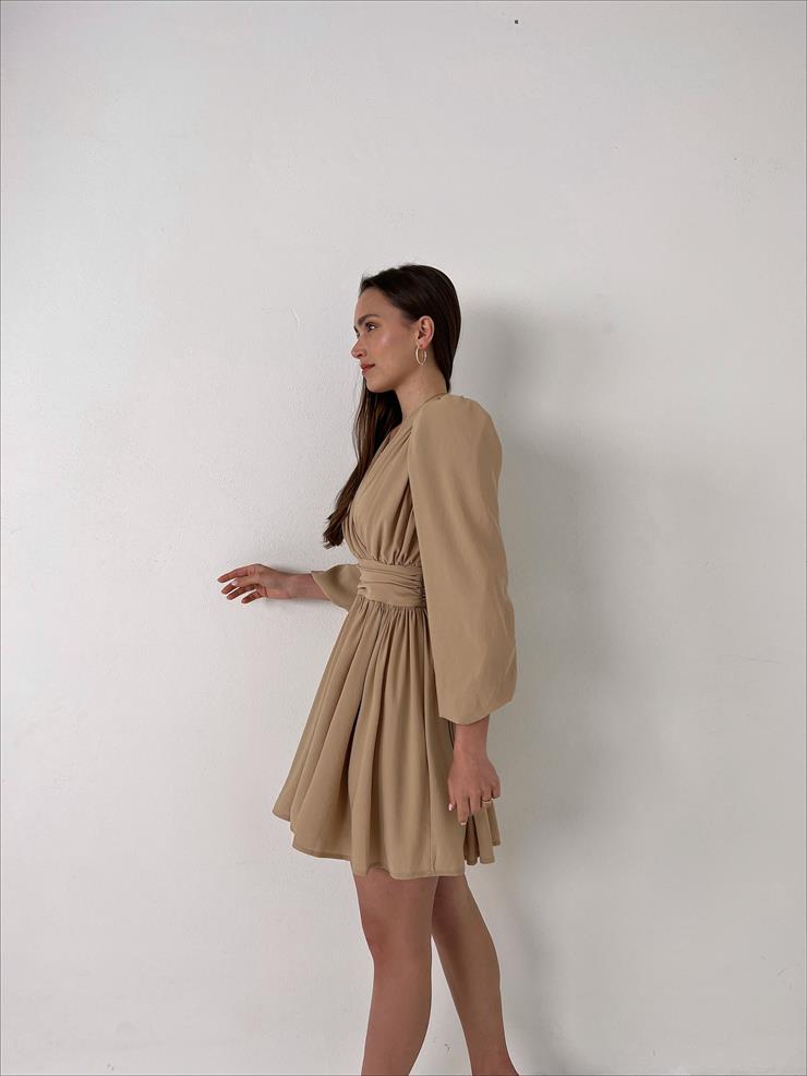 Kruvaze Yaka Belden Oturtmalı Vette Kadın Camel Şifon Mini Elbise 23Y000075