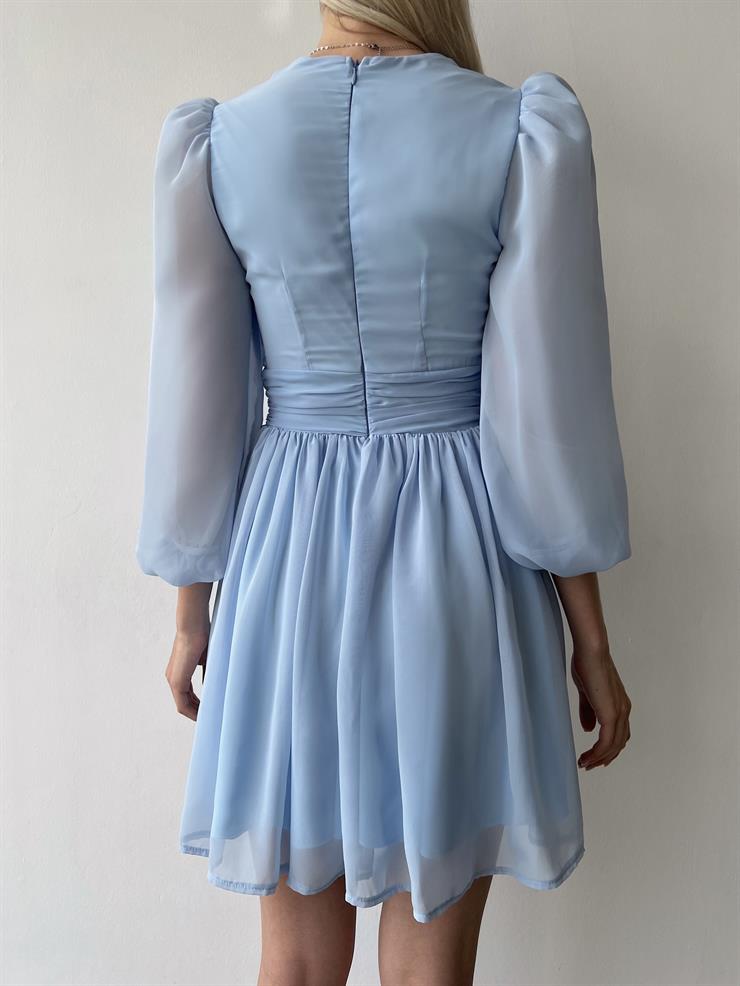 Kruvaze Yaka Belden Oturtmalı Vette Kadın Bebe Mavisi Şifon Mini Elbise 23Y000075