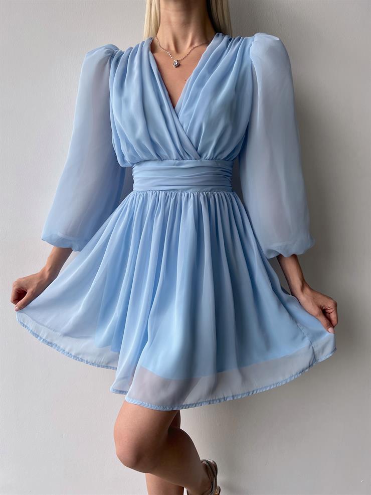 Kruvaze Yaka Belden Oturtmalı Vette Kadın Bebe Mavisi Şifon Mini Elbise 23Y000075