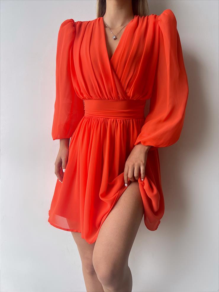 Kruvaze Yaka Belden Oturtmalı Vette Kadın Oranj Şifon Mini Elbise 23Y000075