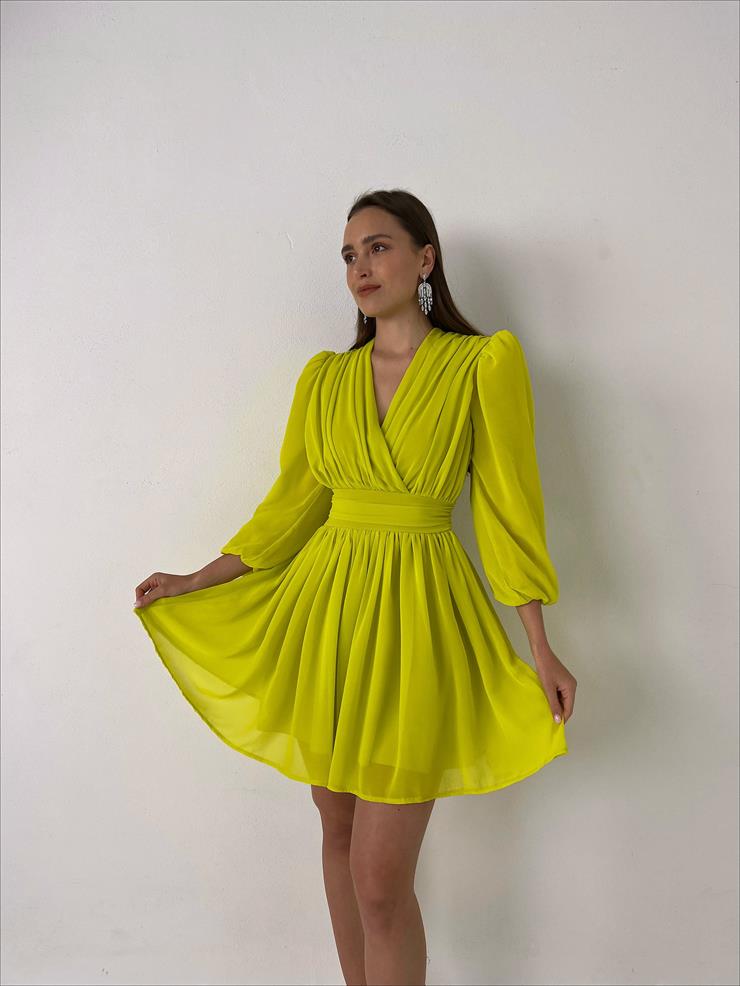 Kruvaze Yaka Belden Oturtmalı Vette Kadın Yağ Yeşili Şifon Mini Elbise 23Y000075