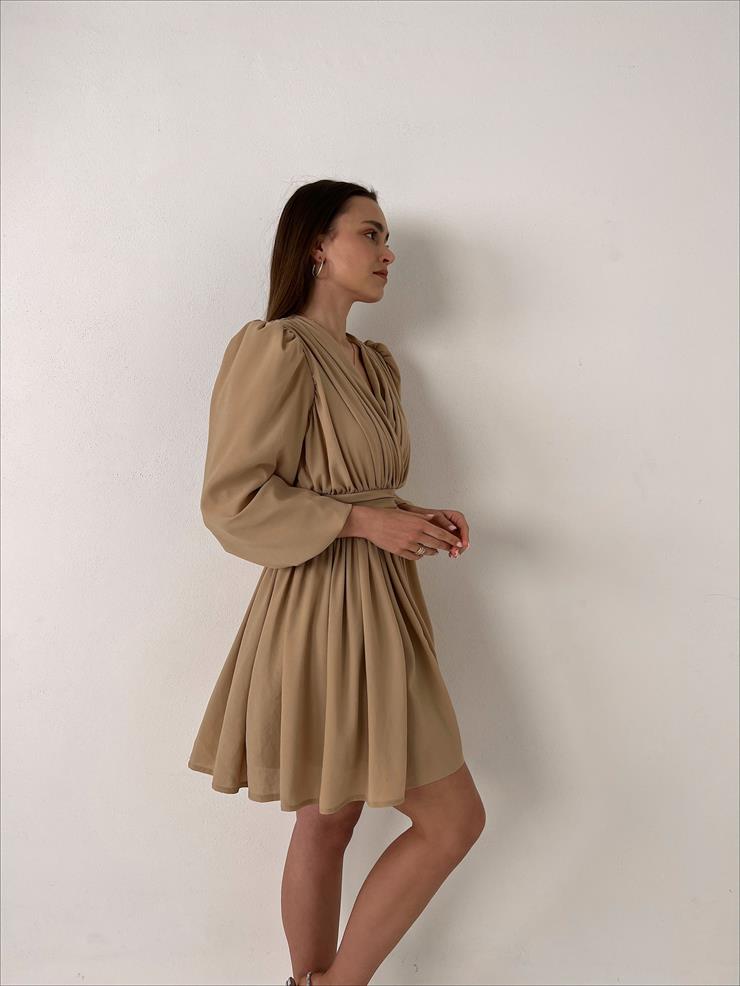 Kruvaze Yaka Belden Oturtmalı Vette Kadın Camel Şifon Mini Elbise 23Y000075