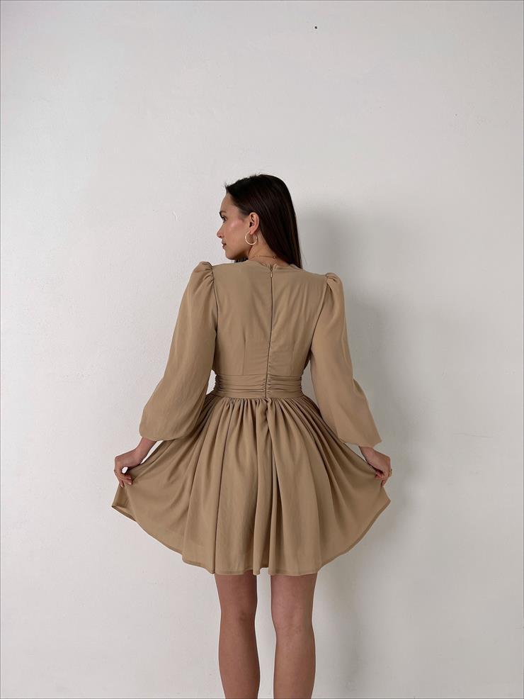 Kruvaze Yaka Belden Oturtmalı Vette Kadın Camel Şifon Mini Elbise 23Y000075