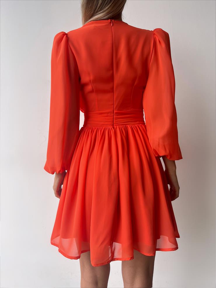 Kruvaze Yaka Belden Oturtmalı Vette Kadın Oranj Şifon Mini Elbise 23Y000075