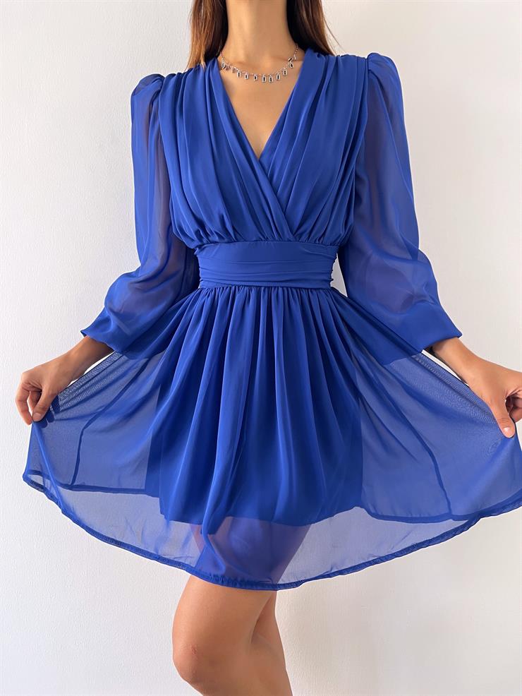 Kruvaze Yaka Belden Oturtmalı Vette Kadın Saks Şifon Mini Elbise 23Y000075