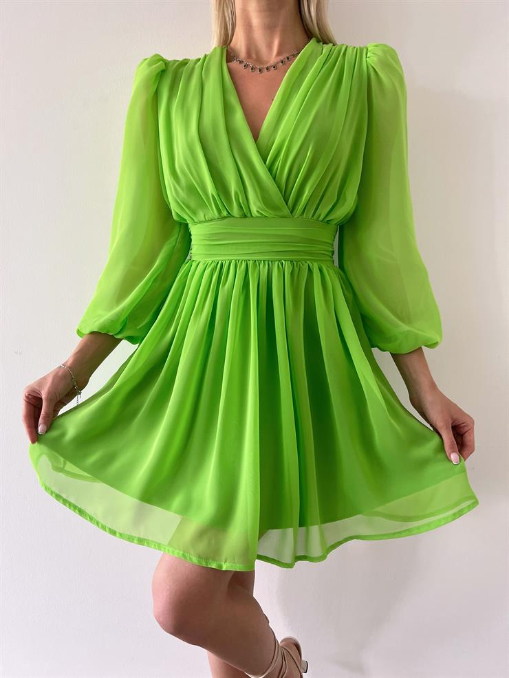 Kruvaze Yaka Belden Oturtmalı Vette Kadın Fıstık Yeşili Şifon Mini Elbise 23Y000075