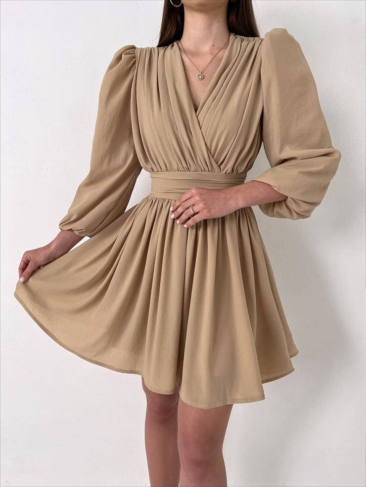 Kruvaze Yaka Belden Oturtmalı Vette Kadın Camel Şifon Mini Elbise 23Y000075