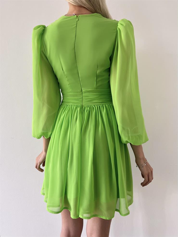 Kruvaze Yaka Belden Oturtmalı Vette Kadın Fıstık Yeşili Şifon Mini Elbise 23Y000075
