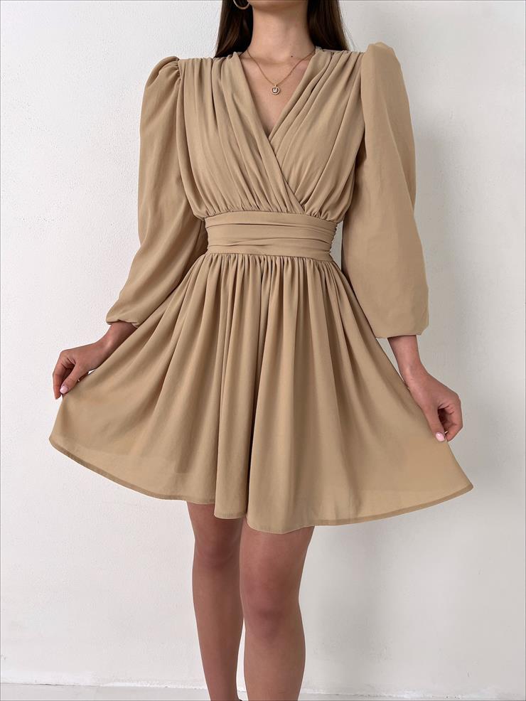 Kruvaze Yaka Belden Oturtmalı Vette Kadın Camel Şifon Mini Elbise 23Y000075