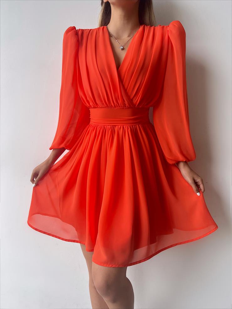 Kruvaze Yaka Belden Oturtmalı Vette Kadın Oranj Şifon Mini Elbise 23Y000075