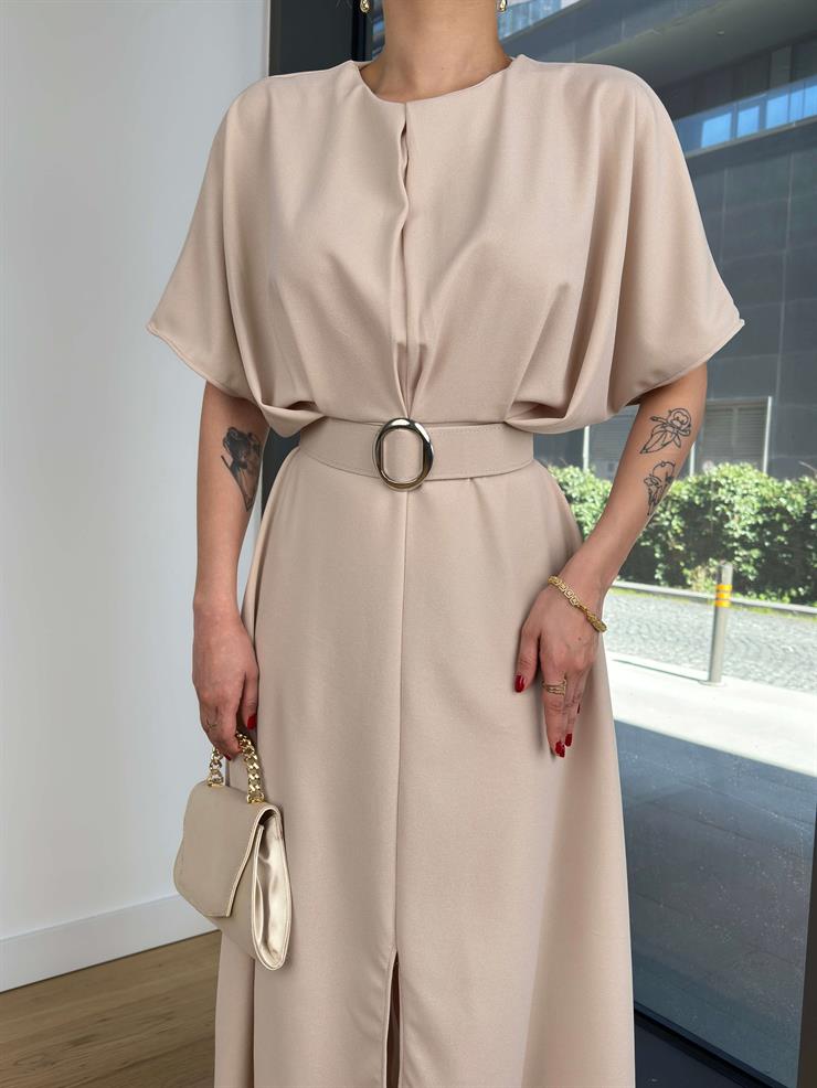 Yuvarlak Yaka Beli Kemerli Veys Taş Kadın Elbise 25Y115