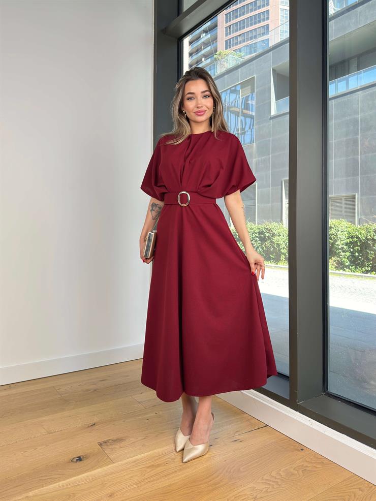 Yuvarlak Yaka Beli Kemerli Veys Bordo Kadın Elbise 25Y115