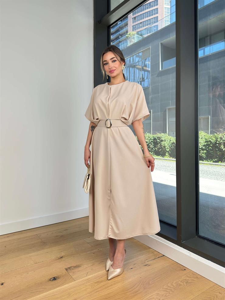 Yuvarlak Yaka Beli Kemerli Veys Taş Kadın Elbise 25Y115