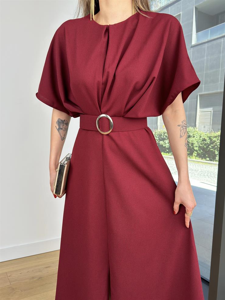 Yuvarlak Yaka Beli Kemerli Veys Bordo Kadın Elbise 25Y115