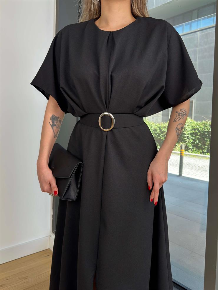 Yuvarlak Yaka Beli Kemerli Veys Siyah Kadın Elbise 25Y115