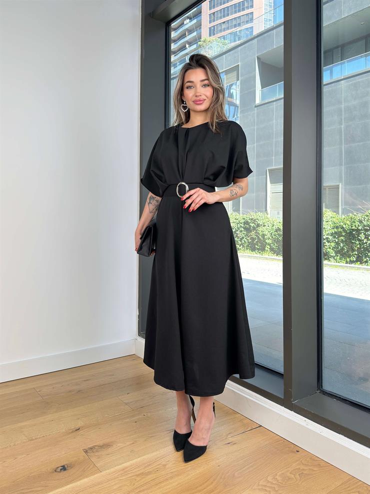 Yuvarlak Yaka Beli Kemerli Veys Siyah Kadın Elbise 25Y115