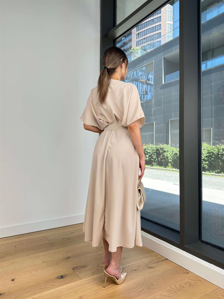 Yuvarlak Yaka Beli Kemerli Veys Taş Kadın Elbise 25Y115