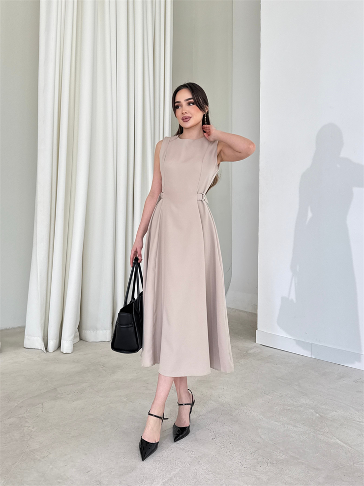 Yanı Ayarlanabilir Kemerli Sıfır Kol Midi Boy Taş Vice Kadın Elbise 26Y176