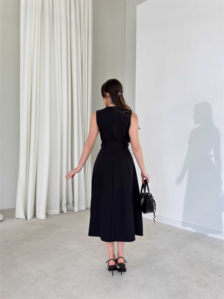 Yanı Ayarlanabilir Kemerli Sıfır Kol Midi Boy Siyah Vice Kadın Elbise 26Y176